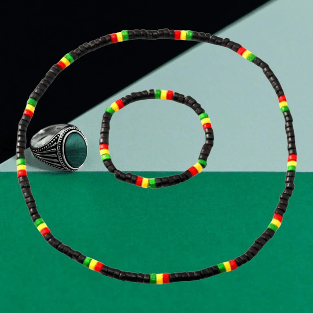 Black Beaded Necklace & Bracelet Set – Red, Yellow & Green Accents | Fashion & Accessories
