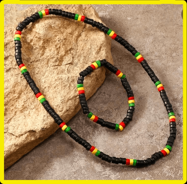 Black Beaded Necklace & Bracelet Set – Red, Yellow & Green Accents | Fashion & Accessories

