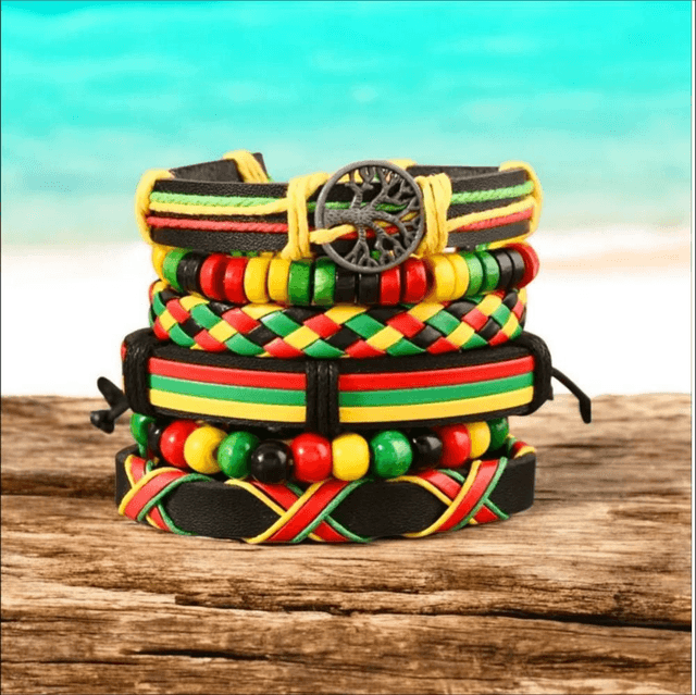 Rasta Style Beaded &amp; Leather Bracelet Set | Fashion Jewellery

